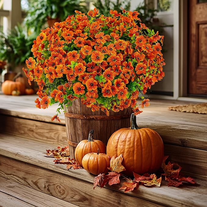 Artificial Fall Flowers Outdoor Fake Mums - 16 Bundles Fake Plants UV Resistant No Fade Faux Plastic Greenery Garden Porch Patio Fall Home Decor (Red Orange16)