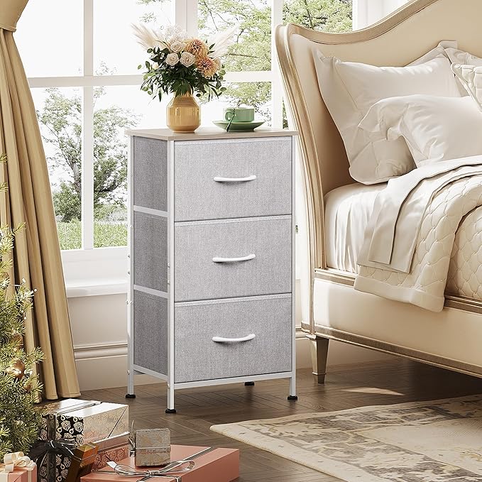 WLIVE Nightstand with 3 Drawers, Fabric Dresser, Organizer Unit, Storage Dresser for Bedroom, Hallway, Entryway, Closets, Sturdy Steel Frame, Wood Top, Easy Pull Handle, Light Grey