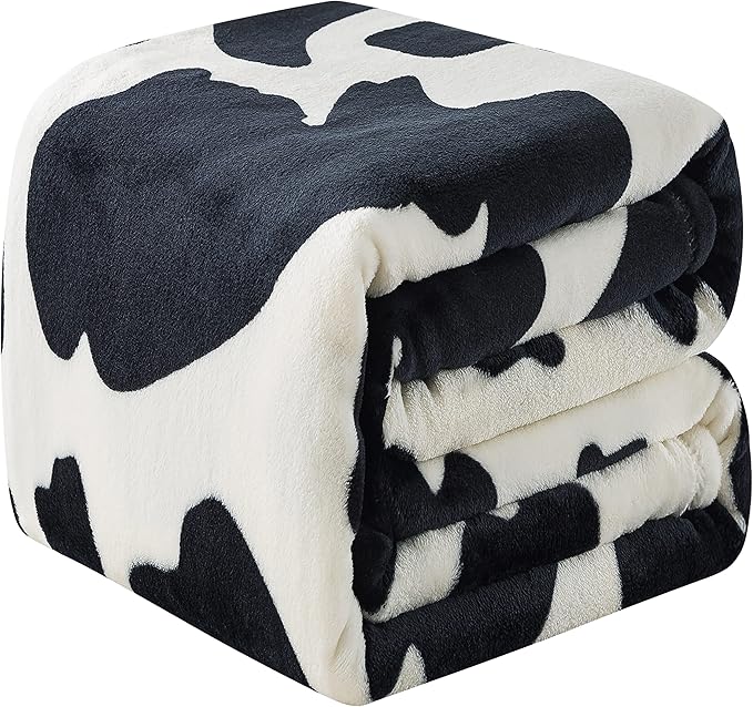 Fleece Cow Print Blanket - Premium Lightweight Anti-Static Bed Cow Throws Soft Cozy Warm Blankets Plush Gift, Bedroom Decor 90" x 108"(Black Cow King)