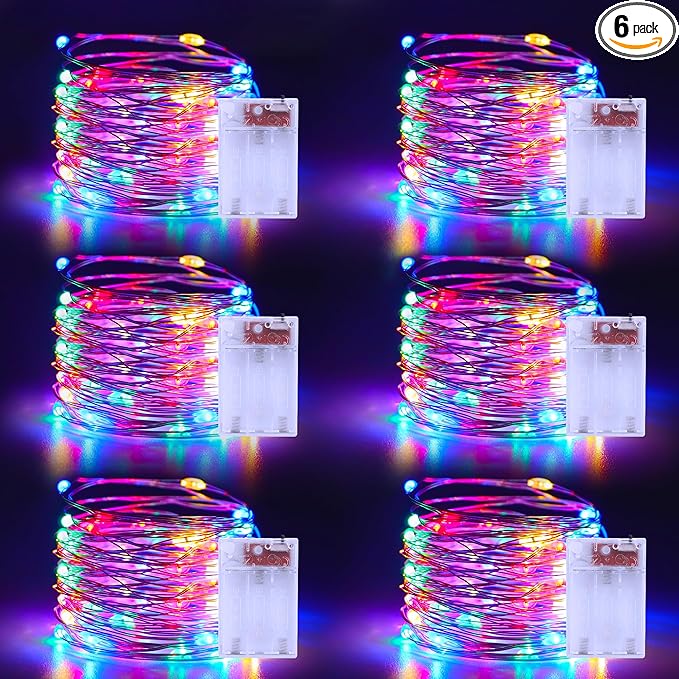 Christmas Multicolor Fairy Lights Battery Operated 6 Pack 16.4Ft 50 LEDs Silver Copper Wire Twinkle Lights for Halloween Bedroom Indoor Outdoor Wedding Dorm Parties Holiday Yard Decorations