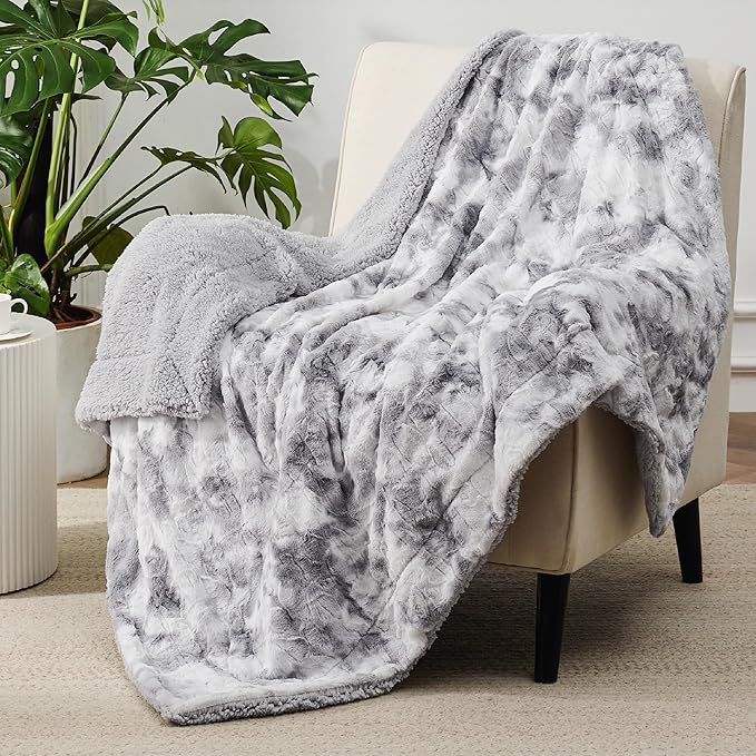 Bedsure GentleSoft Sherpa Fluffy Blanket Twin Size - Fleece Warm and Cozy Throw for Women Gift, Plush & Fuzzy Faux Fur Christmas Blanket for Couch, Bed Decor, Tie Dye Design, Light Grey, 60x80 Inches
