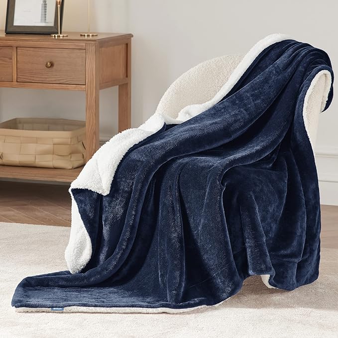 Bedsure GentleSoft Sherpa Fleece Throw Blanket Twin Size for Couch - Thick and Warm Throw for Women and Men, Soft Fuzzy Plush Twin Blanket for Winter, Navy, 60x80 Inches
