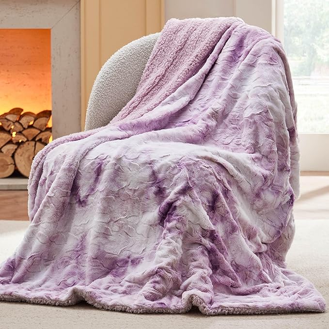 Bedsure GentleSoft Sherpa Fluffy Throw Blanket - Fleece Warm and Cozy Throw for Women Gift, Plush & Fuzzy Faux Fur Christmas Blanket for Couch, Bed Decor, Tie Dye Design, Light Purple, 50x60 Inches