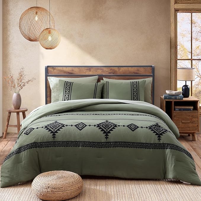 MaiRêve California King Comforter Set Olive Green, Embroidery Western Bedding Set Boho 7 Pieces, Farmhouse All-Season Bed in A Bag with Sheets, Pillowcases & Shams