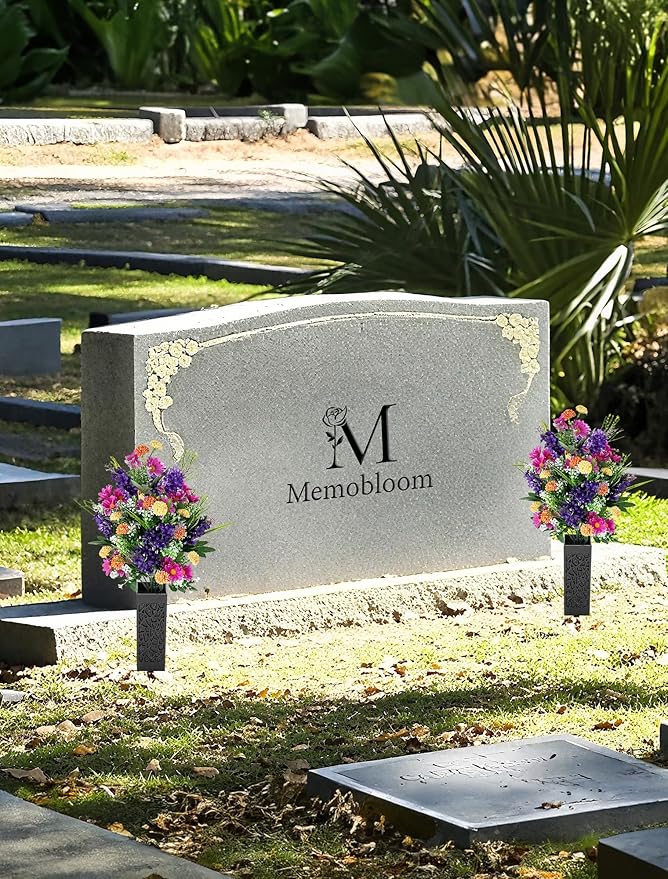 Artificial Cemetery Flowers for Grave: Memorial Day Flowers for Cemetery - Outdoor Grave Decorations - 2 Pcs Purple Violet Mums Bouquets with Vases