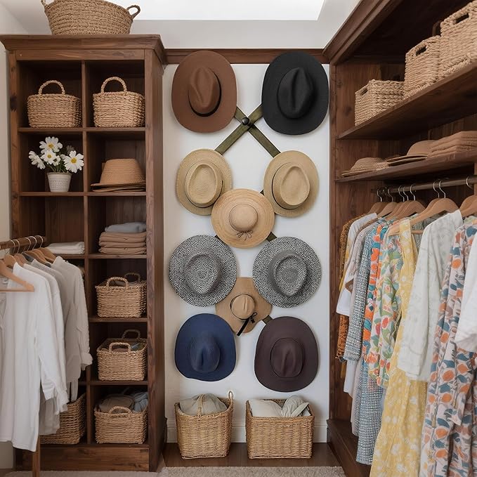 SKOLOO Hat Rack for Wall with 11 Hooks, 24 inch Solid Wooden, Modern, Huge Coat Rack Wall Mount for Coats, Hats, Bags, Cowboy Caps, Baseball Caps, Dark Walnut Color