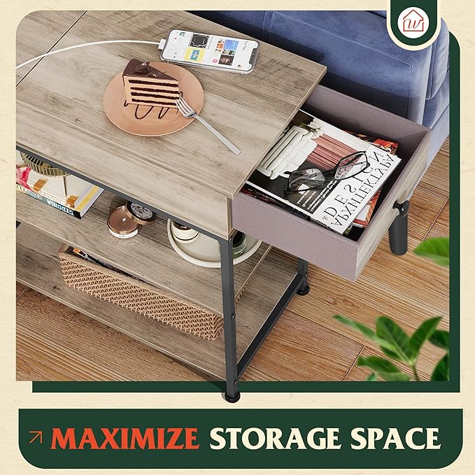WLIVE Narrow Side Table with 2 USB Ports and 2 Outlets, Flip Top End Table with Drawer and Storage Shelves, Small Nightstand with Charging Station for Living Room/Bedroom, Greige