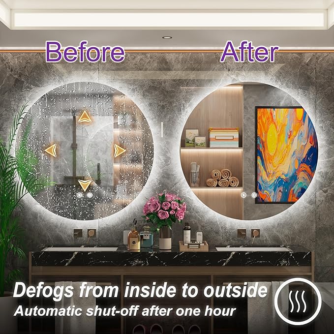 42" Round LED Bathroom Mirror, Backlit Vanity Larege Round Bathroom Mirror with Lights, LED Lighted, Dimmable, Anti-Fog, Touch, 3000K/4500K/6000K