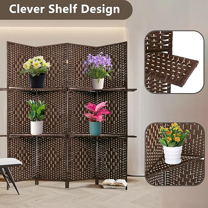 FDW Room Divider 4 Panel Wooden Screen Folding Portable Partition Screens Wood with Removable Storage Shelves Color, Dark Brown