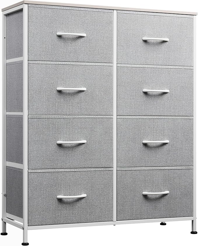 WLIVE Fabric Dresser for Bedroom, Tall Dresser with 8 Drawers, Storage Tower with Fabric Bins, Double Dresser, Chest of Drawers for Closet, Playroom, Dormitory, Light Grey