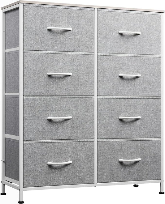 WLIVE Fabric Dresser for Bedroom, Tall Dresser with 8 Drawers, Storage Tower with Fabric Bins, Double Dresser, Chest of Drawers for Closet, Playroom, Dormitory, Light Grey