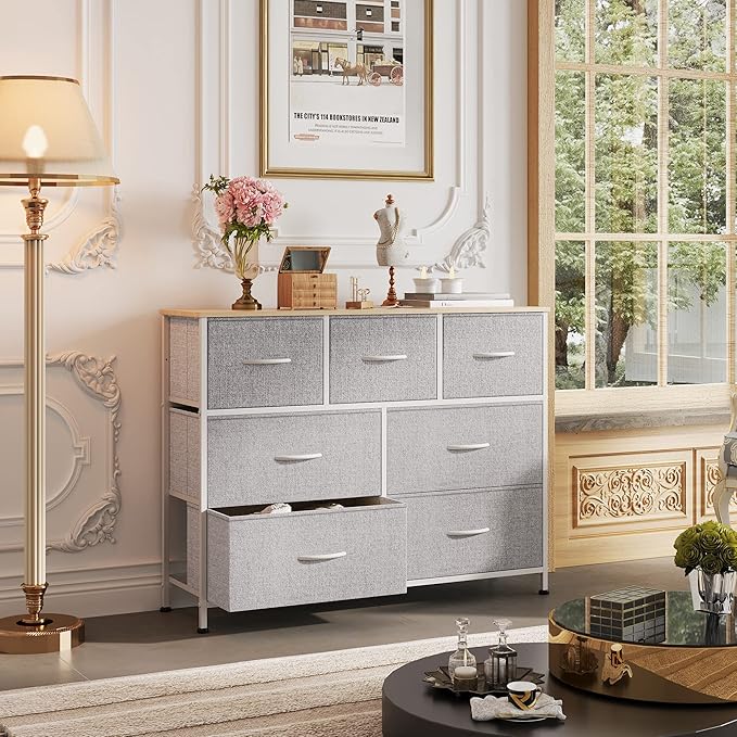 WLIVE 7 Drawer Dresser TV Stand, Entertainment Center, Media Console Table with Metal Frame and Wood Top for TV up to 45 inch, Chest of Drawers for Bedroom, Living Room, Light Grey