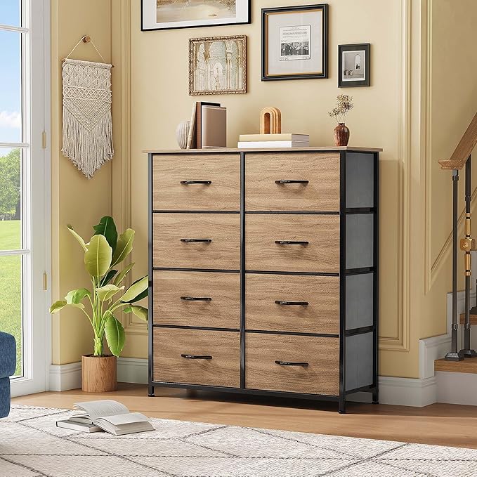 DWVO Dresser with 8 Drawers - Fabric Storage Tower, Organizer Unit for Bedroom, Hallway, Closets - Sturdy Steel Frame, Wooden Top & Easy Pull Fabric Bins (Burlywood Grain)