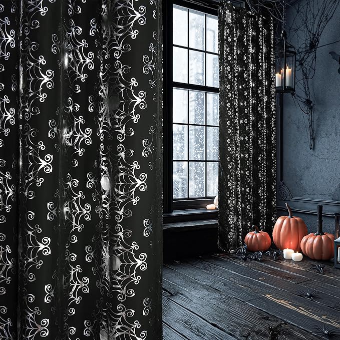 NICETOWN Black Voile Sheer with Glitter Silver Web, Grommet Halloween Spider Pattern for Window Decor, Party & Seasonal Home, W54 x L96, 2 Panels
