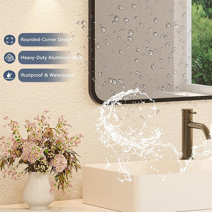 Black Bathroom Mirror for Over Sink - 22×30 Rectangle Bathroom Vanity Mirror Wall Mounted with Matte Aluminum Frame & Rounded Corners, Shatterproof Tempered-Glass, Horizontal/Vertical