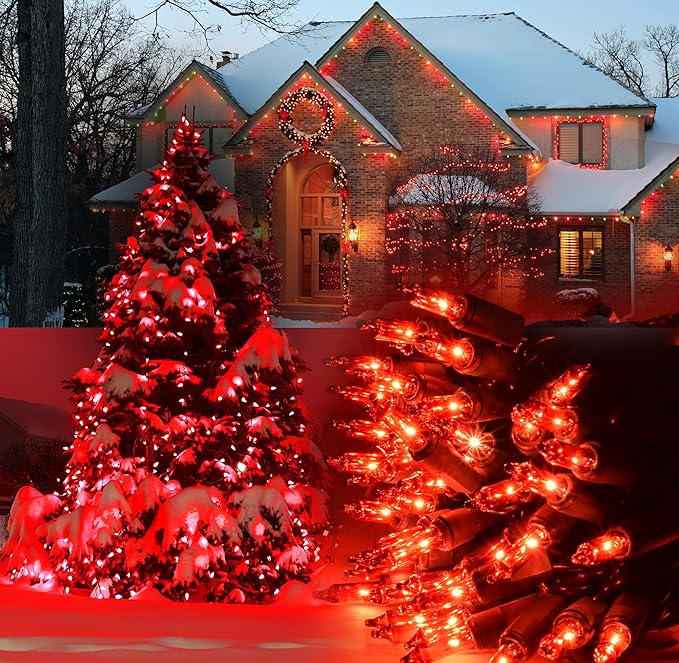 Holiday Essence - LED Red Christmas Lights Green Wire 26.9 Feet Long String Lights Set for Outdoor & Indoor Décor, Valentines Day, Halloween, Christmas Trees, Lighting Decorations, UL Certified
