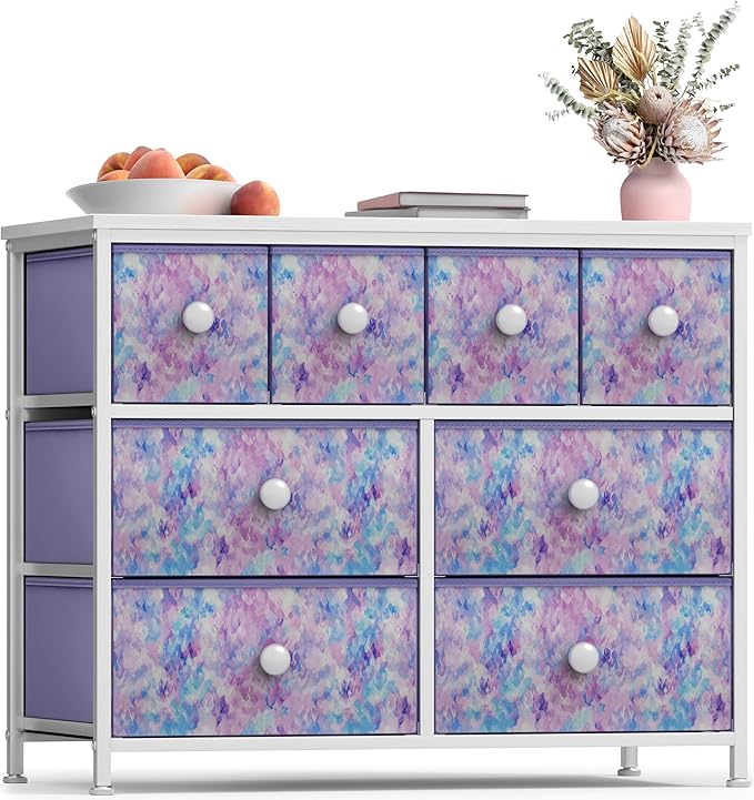 Sorbus Fabric Dresser for Kids Bedroom - Chest of 8 Drawers, Storage Tower, Clothing Organizer, for Closet, for Playroom, for Nursery, Steel Frame, Fabric Bins - Knob Handle (Tie-dye Purple)