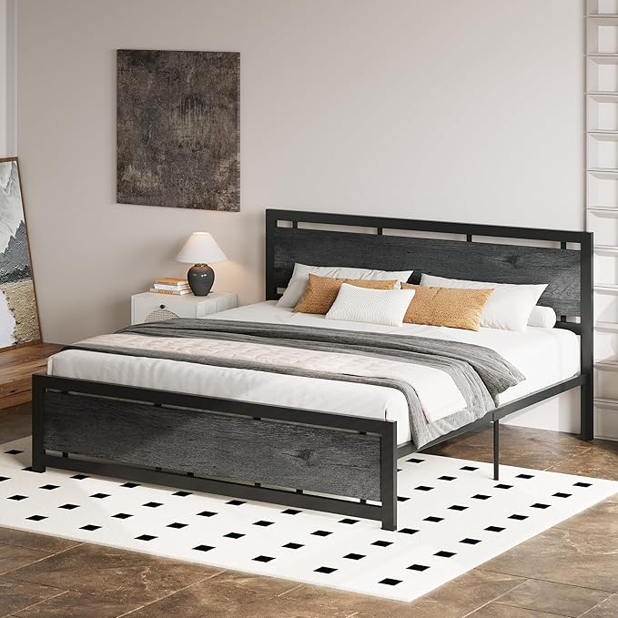 LIKIMIO California King Bed Frame with Headboard and Footboard, Metal Strong Supports, Easy Assembly, Noise-Free, No Box Spring Needed, Charcoal Grey