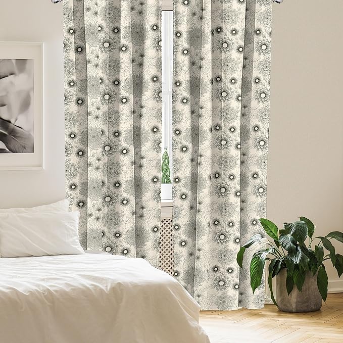 Ambesonne Dahlia Curtains, Vintage Style Garden Flower Sketches of Dahlia and Chrysanthemum Botany Theme, Window Treatments 2 Panel Set for Living Room Bedroom, Pair of - 28" x 84", Beige Black