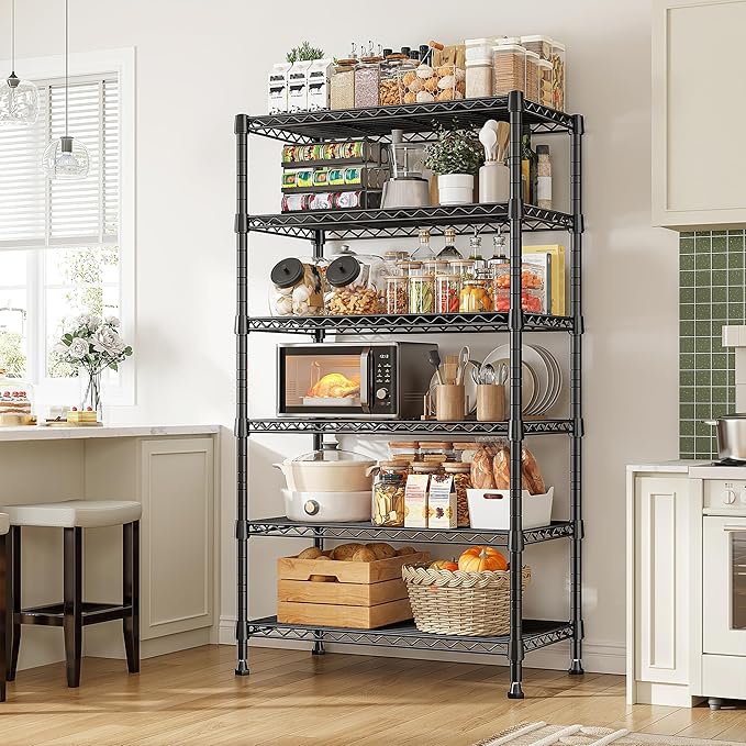 REIBII 6-Tier Metal Shelving Unit Storage Shelves, Sturdy Wire Shelving Adjustable Deep Pantry Shelves Load 800LBS Storage Rack for Kitchen Pantry Closet, Keep Organized, 2 Pack