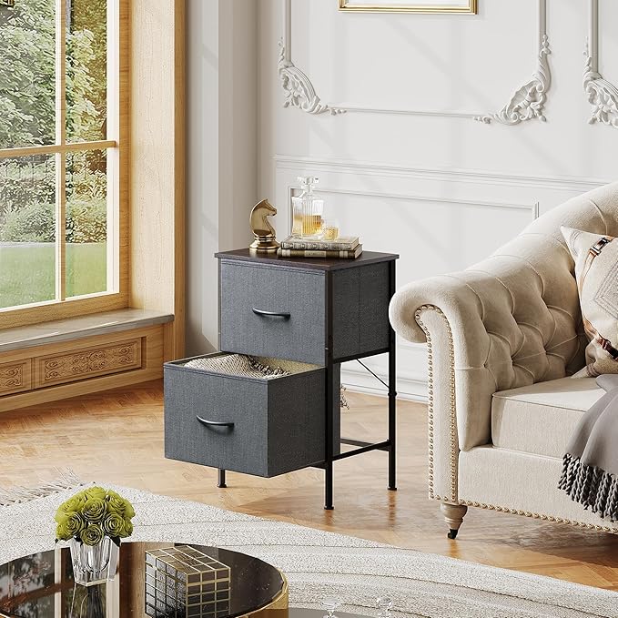 WLIVE Night Stand Set 2, Dresser and Nightstand Sets, Small Dresser for Bedroom with 2 Drawers, End Table with Fabric Bins for Closet, Bedside Furniture, College Dorm, Dark Grey