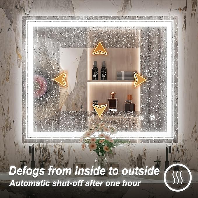 40 x 32 Inch LED Mirror for Bathroom, Wall Mounted Lighted Bathroom Vanity Mirrors, Stepless Dimmable, Memory Funtion, Anti-Fog, 6000K, Shatter-Proof, Horizontal or Vertical