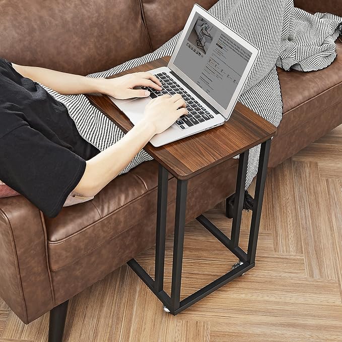 VASAGLE End Table, C Shaped TV Tray with Metal Frame Rolling Casters, Industrial Side Table for Living Room Bedroom, 19.7 x 13.8 x 23.6 Inches, Dark Walnut and Black