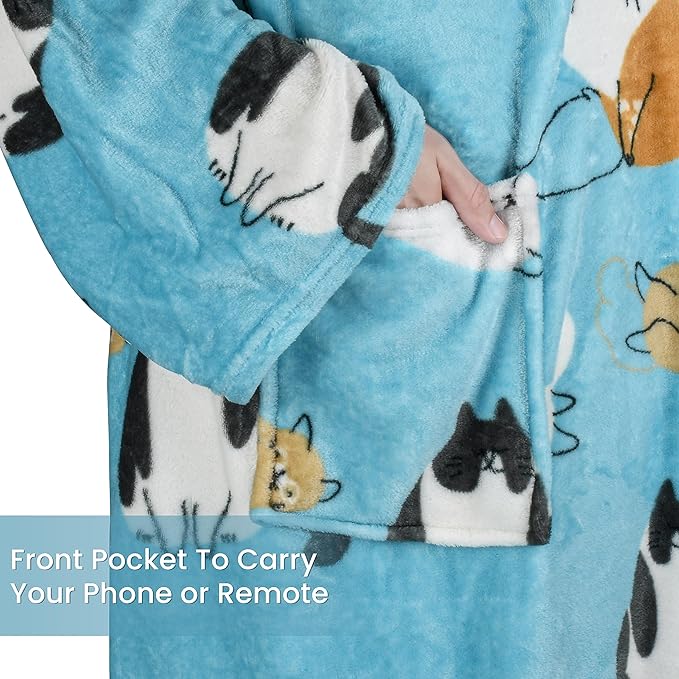 Catalonia Wearable Fleece Blanket with Sleeves and Foot Pockets for Adult Women Men, Micro Plush Comfy Wrap Sleeved Throw Blanket Robe Large, Blue Cat