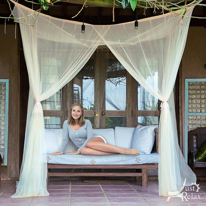 Just Relax Four Corner Post Decorative Elegant Bed Net Canopy Set, Beige, Full/Queen/King, 86.6x78.7x98.4 Inches