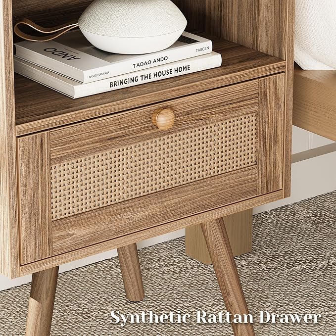 SUPERJARE Nightstands Set of 2, Night Stands with Charging Station & PE Rattan Decor Drawer, Bed Side Tables with Solid Wood Feet, End Table, for Bedroom, Living Room, Walnut