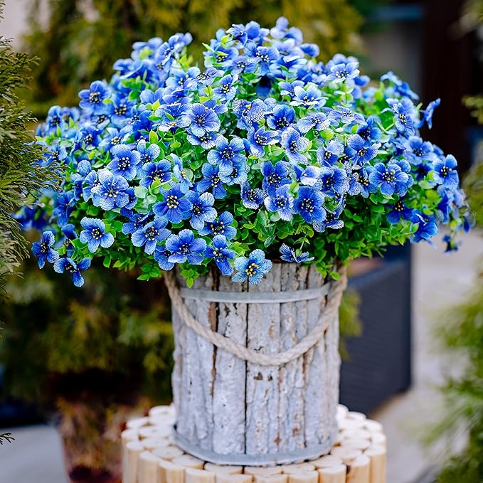 Artificial Flowers for Outdoors Fake Plants - 16 Bundles Faux Outside Greenery Boxwood No Fade Plastic Shrubs Fall Decor Farmhouse Home Garden (Blue)