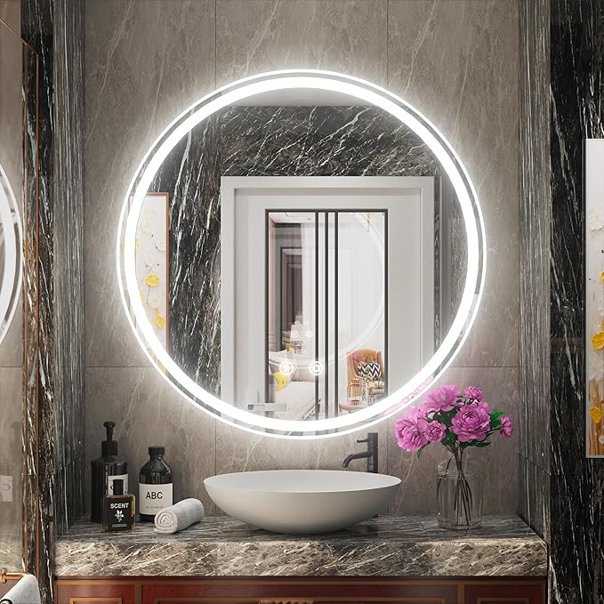 36 Inch Round LED Mirror for Bathroom, Front & Backlit Round Lighted Vanity Mirror for Wall, Adjustable Brightness, 6000K, Anti Fog, Touch, Memory