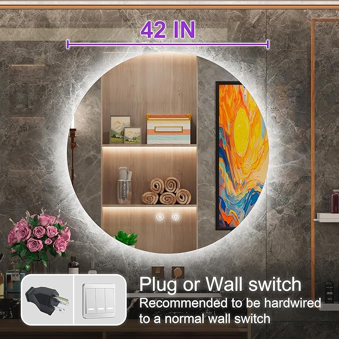 42" Round LED Bathroom Mirror, Backlit Vanity Larege Round Bathroom Mirror with Lights, LED Lighted, Dimmable, Anti-Fog, Touch, 3000K/4500K/6000K