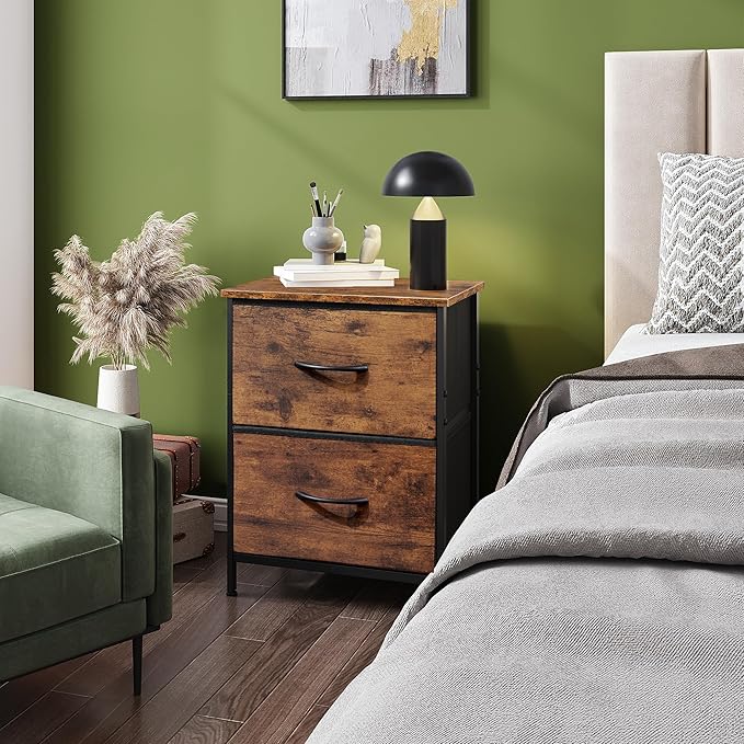 WLIVE Nightstand Set of 2, 2 Drawer Dresser for Bedroom, Small Dresser with 2 Drawers, Bedside Furniture, Night Stand, End Table for Bedroom, College Dorm, Rustic Brown Wood Grain Print