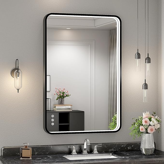 24x36 Inch LED Bathroom Mirror with Lights, Black Metal Framed LED Mirror for Bathroom, 3 Colors and Stepless Dimmable Wall Mounted Lighted Bathroom Vanity Mirror, Anti-Fog, Memory