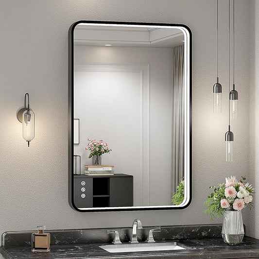 24x36 Inch LED Bathroom Mirror with Lights, Black Metal Framed LED Mirror for Bathroom, 3 Colors and Stepless Dimmable Wall Mounted Lighted Bathroom Vanity Mirror, Anti-Fog, Memory