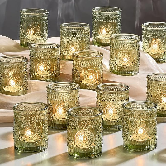 30 Pack Clear Glass Votive Candle Holders, Vintage Candle Holder Bulk, Tealight Candle Holders for Table Centerpieces, Home, Bridal Shower, Birthday, Christmas, Thanksgiving Party Table Decor (Green)