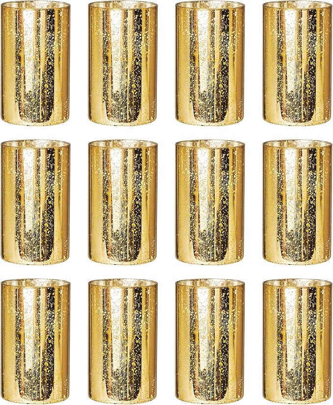 Gold Cylinder Vases for Centerpieces, Modern Glass Vase Set of 12 Decorative Hurricane Candle Holder for Pillar Candle Holders Flowers for Table Centerpiece