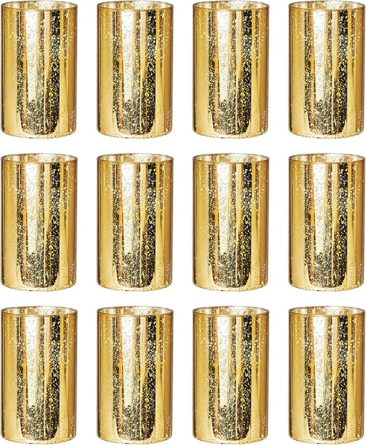 Gold Cylinder Vases for Centerpieces, Modern Glass Vase Set of 12 Decorative Hurricane Candle Holder for Pillar Candle Holders Flowers for Table Centerpiece