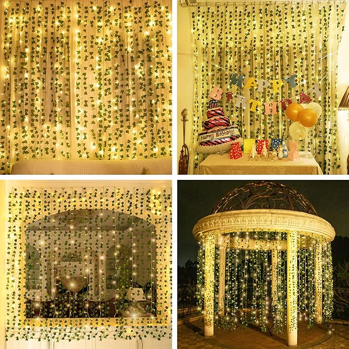 KASZOO 84Ft 12 Pack Artificial Ivy Garland Fake Plants, Vine Hanging Garland with CE Certified 80 LED String Light, Hanging for Home Bedroom Garden Party Wedding Wall Room Decor, Green