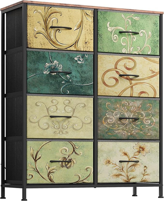WLIVE Tall Fabric Dresser with 8 Drawers, Storage Tower with Fabric Bins, Double Dresser, Chest of Drawers for Closet, Bedroom, Living Room, Hallway, Dorm, Floral Painted