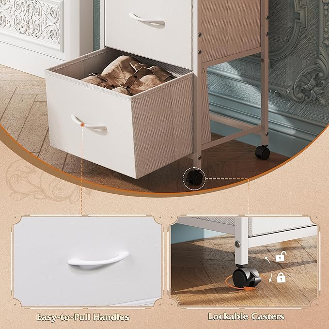 WLIVE Dresser with 3 Drawers, Fabric Nightstand, Cabinet with Wheels, Organizer Storage Dresser for Bedroom, Office, Entryway, Closets, Sturdy Steel Frame, Wood Top, Easy Pull Handle, White