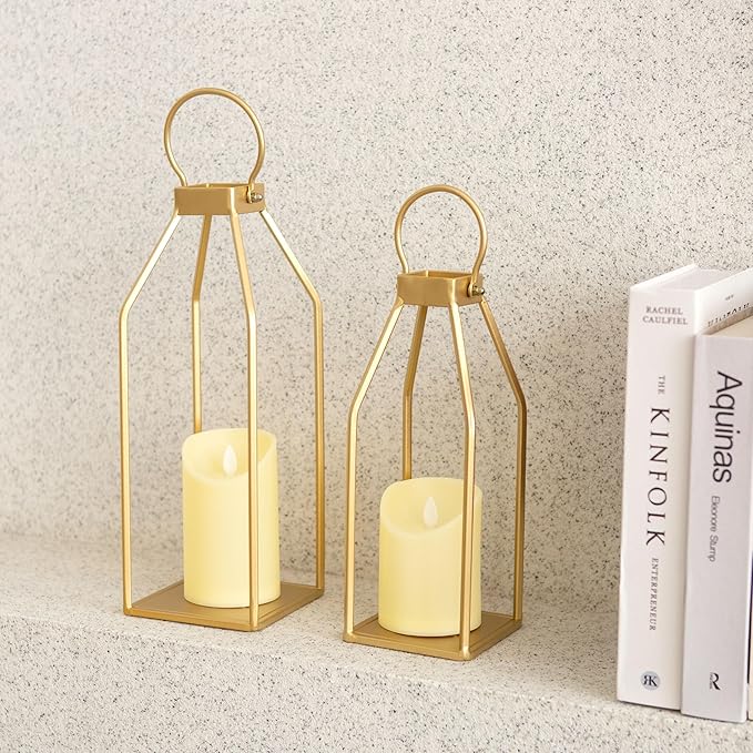 Perfnique Modern Farmhouse Lantern Decor, 15'' 12.6'' Set of 2 Gold Metal Lanterns, 2 LED 6hr Timer Flickering Flameless Candles, Lanterns Decorative for Outdoor, Porch, Fireplace, Patio