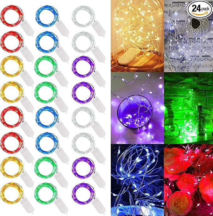WATERGLIDE 24 Pack Fairy Lights Battery Operated (Included), 7 ft 20 LED Mini String Lights, Waterproof Silver Wire Firefly Starry Lights for DIY Wedding Christmas Party Mason Jars Decor, Multicolor