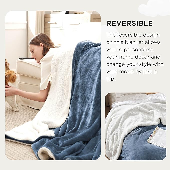 Bedsure GentleSoft Sherpa Fleece Oversized Cal King Blankets for Bed - Thick and Warm Throw for Women and Men, Soft Fuzzy Plush Large Blanket for Winter, Slate Blue, 112x98 Inches