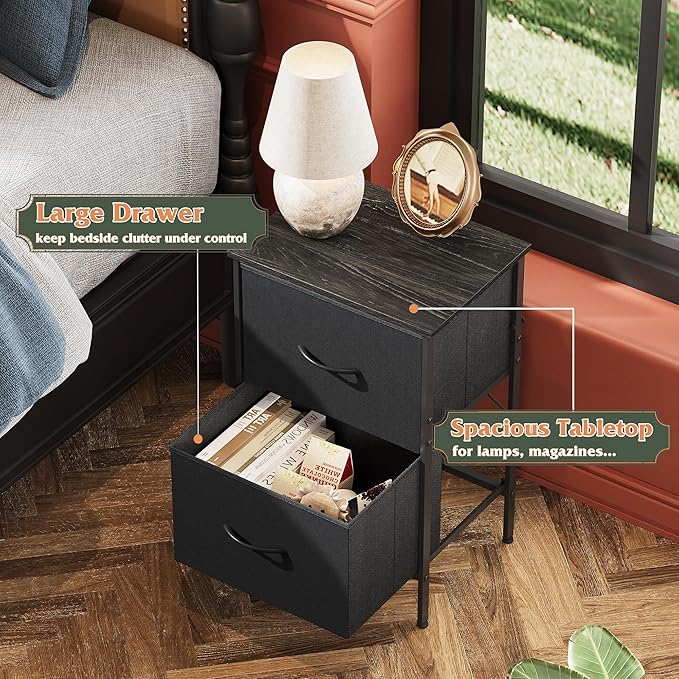 WLIVE Black Night Stand, Nightstand with 2 Drawers, Small Dresser for Bedroom, Bedside Table Furniture, College Dorm, End Table with Fabric Bins, Size L 24.9" H
