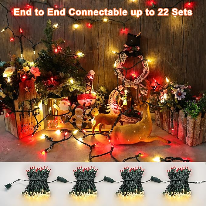 Brizled Red & Warm White Christmas Lights, 33ft 100 LED Christmas String Lights, 120V UL Certified Xmas Tree Light Connectable White Xmas Light Indoor Outdoor for Home Tree Holiday Wedding Patio Decor