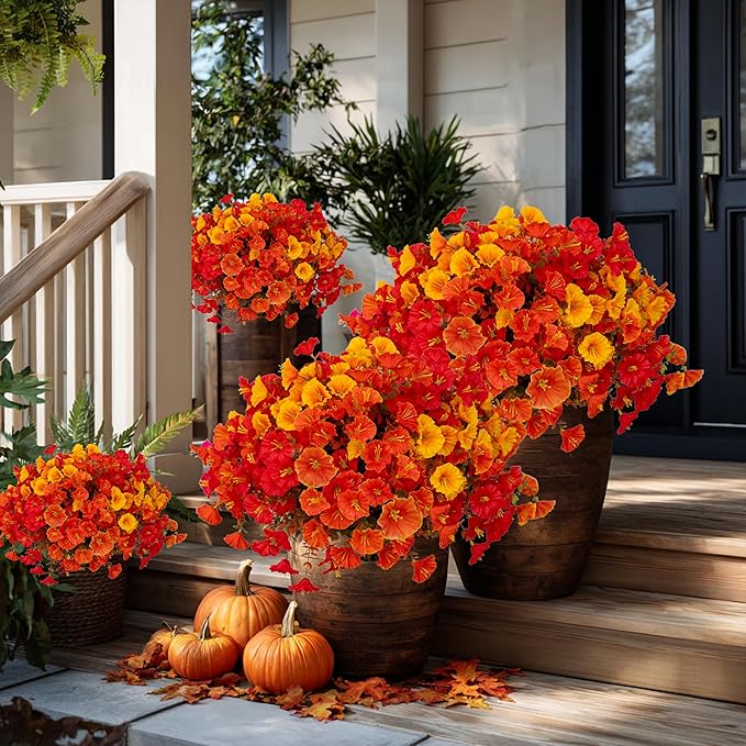 Artificial Fall Flowers Outdoor Fake Mums - 16 Bundles Fake Plants UV Resistant No Fade Faux Plastic Greenery Garden Morning Glory Home Decor (1, MixedFall 4 Colors)