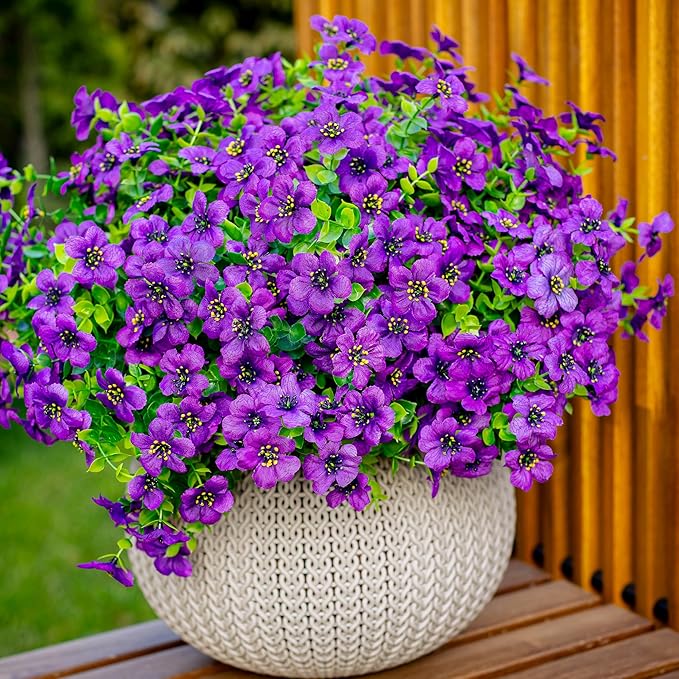 Artificial Flowers for Outdoors Fake Plants - 16 Bundles Fake Plants UV Resistant No Fade Faux Plastic Greenery Home Garden Porch Patio Decoration Office Indoor (Purple)