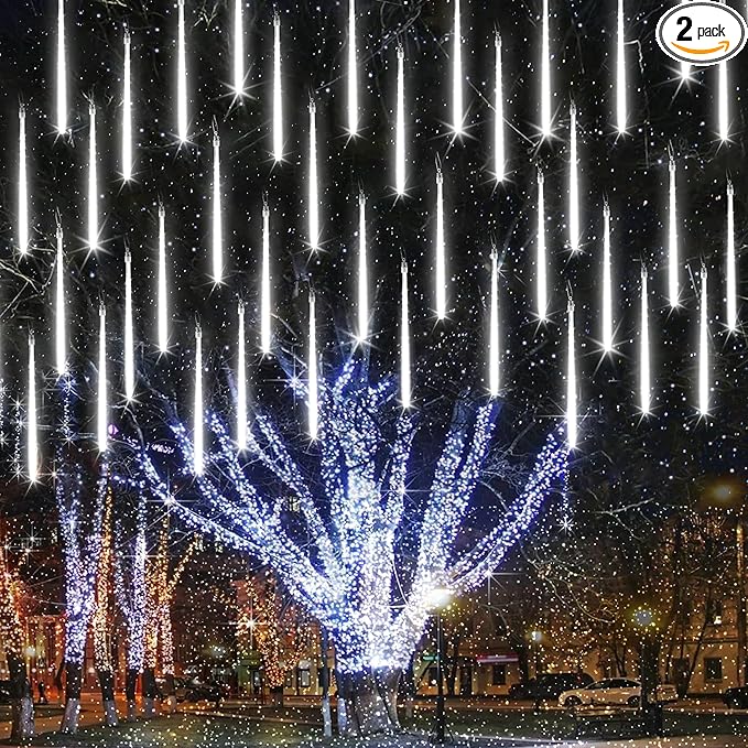 Joomer 2Pack Christmas Lights Outdoor, 11.8 inch 10 Tubes 240 LED Meteor Shower Lights, LED Falling Icicle Cascading Light with Timer Waterproof and Connectable for Christmas Decoration (White)